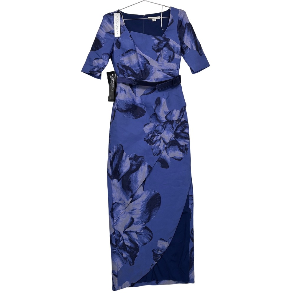 NWT KayUnger Women Maxi Dress 4 Blue Octavia Pleated Floral Column Gown Jacquard